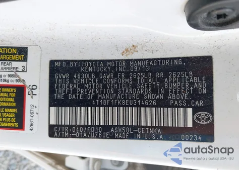 2014 Toyota Camry Le from USA, damaged, VIN 4T1BF1FK8EU314626